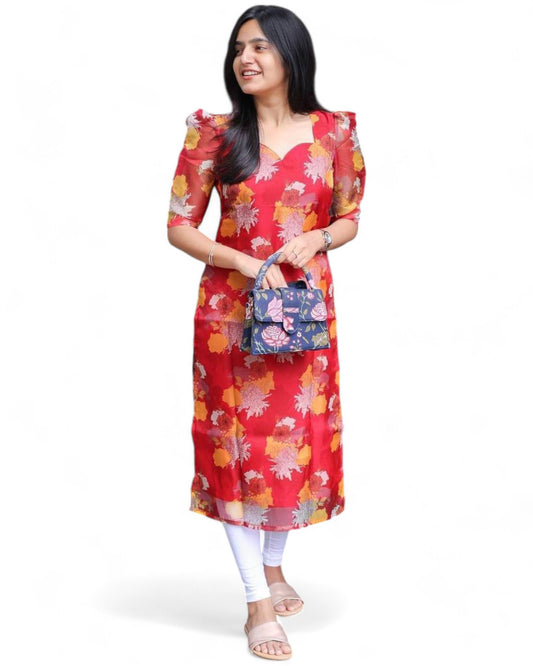 Red organza floral printed daily wear kurti