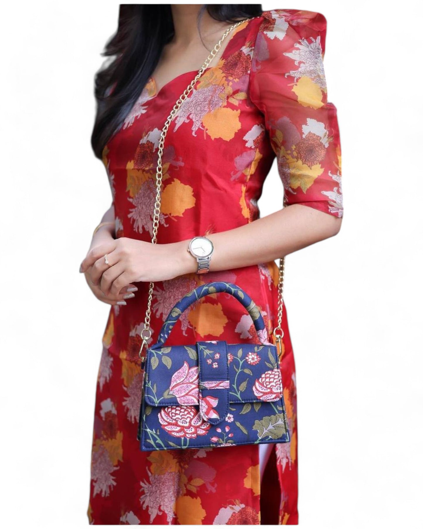 Red organza floral printed daily wear kurti
