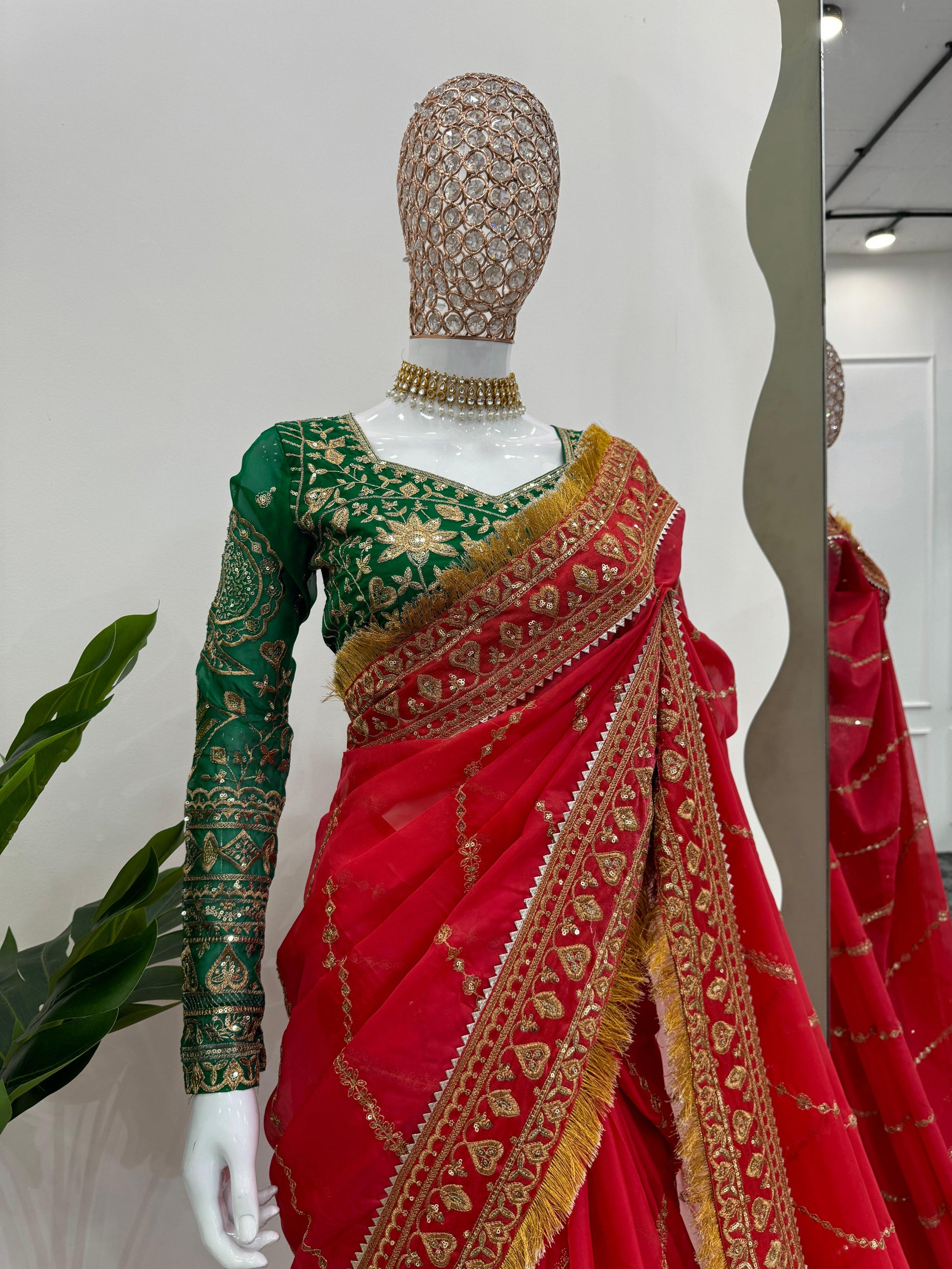 Red organza silk embroidered designer wedding saree