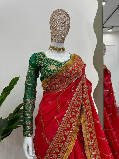 Red organza silk embroidered designer wedding saree