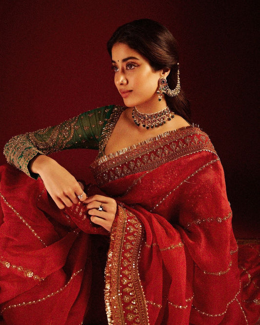 Red organza silk embroidered designer wedding saree