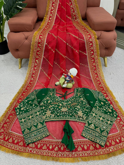 Red organza silk embroidered designer wedding saree