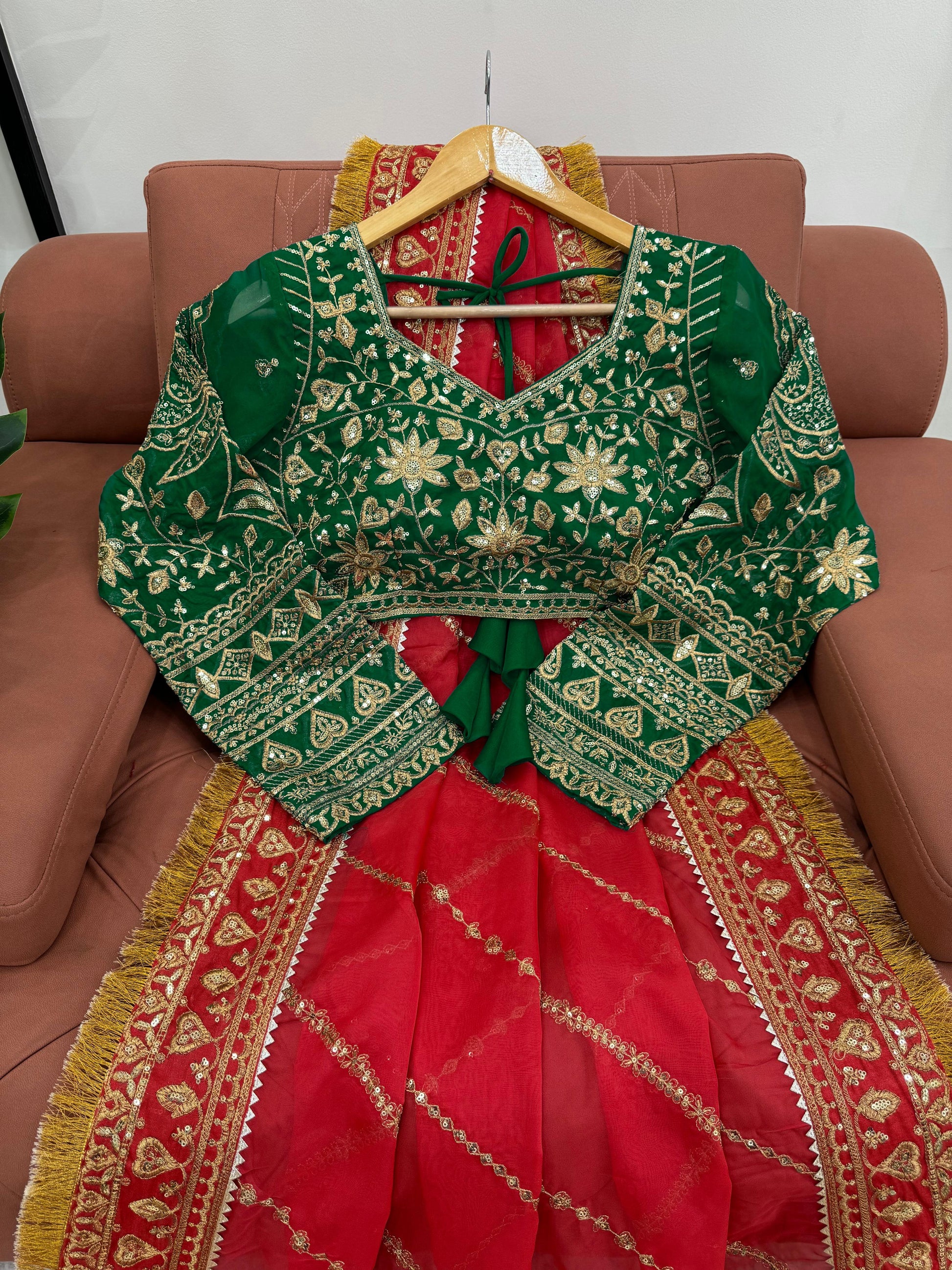 Red organza silk embroidered designer wedding saree
