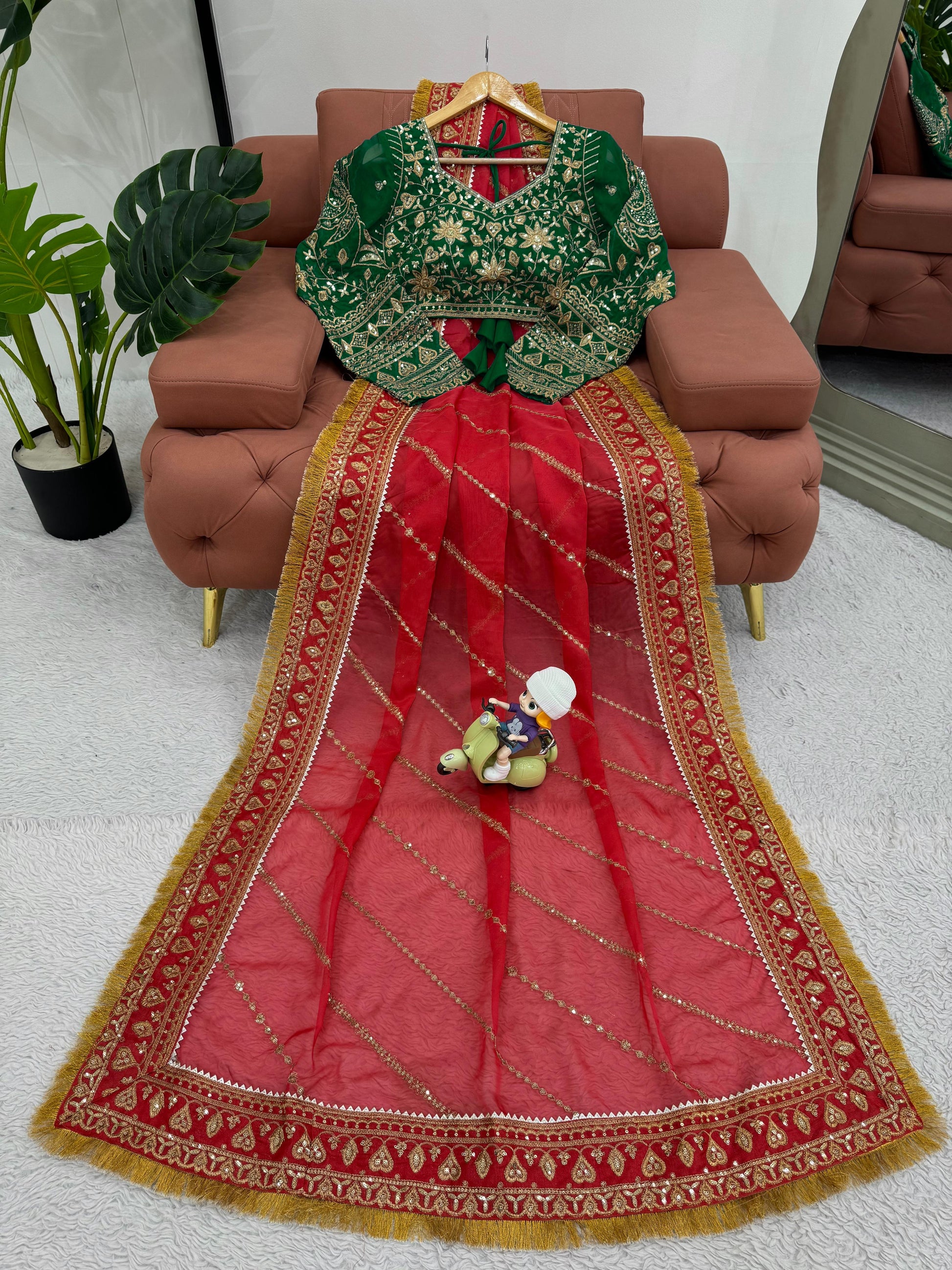 Red organza silk embroidered designer wedding saree