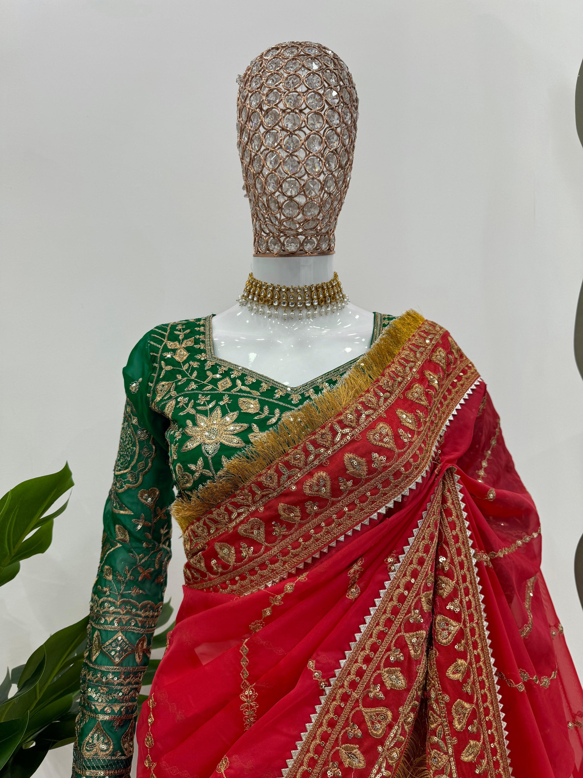 Red organza silk embroidered designer wedding saree