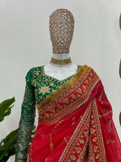 Red organza silk embroidered designer wedding saree