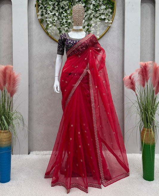 Red organza thread sequins work party wear saree