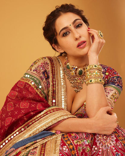 Red print mirror work navratri lehenga chaniya choli