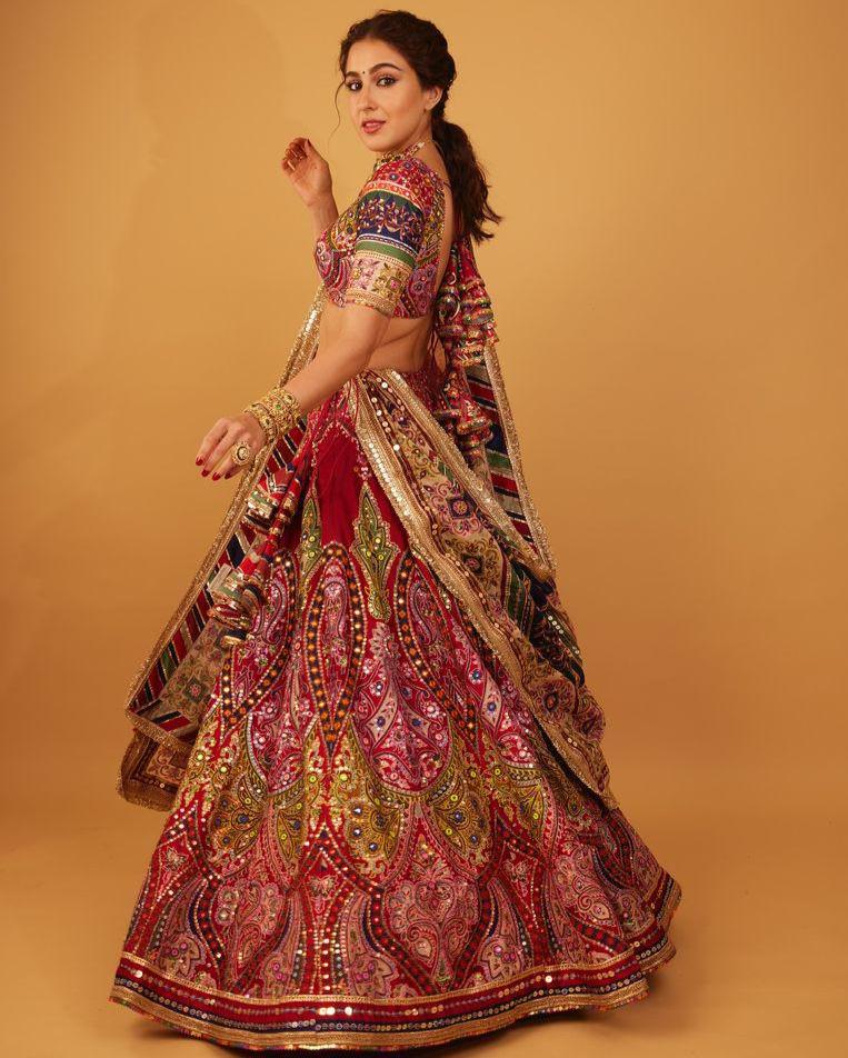 Red print mirror work navratri lehenga chaniya choli