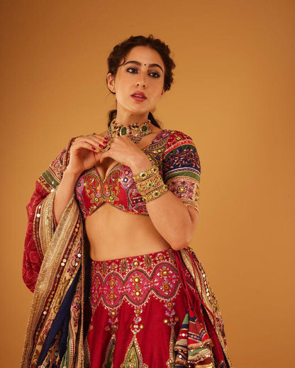 Red print mirror work navratri lehenga chaniya choli