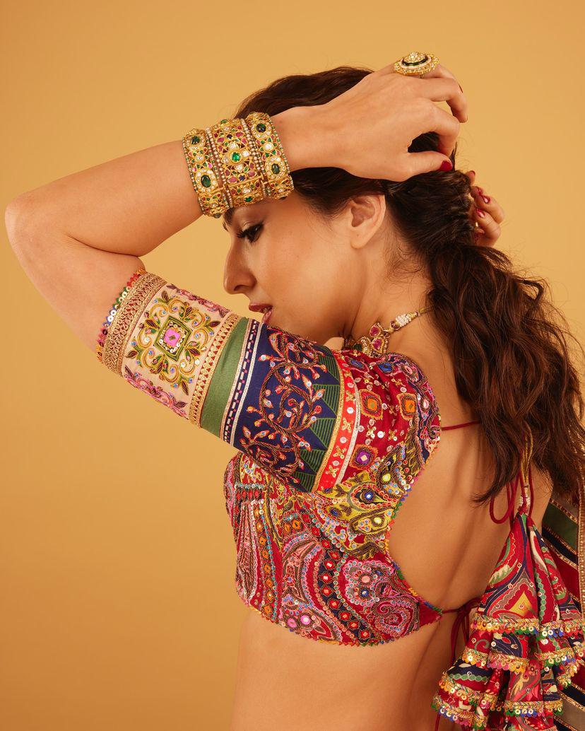 Red print mirror work navratri lehenga chaniya choli