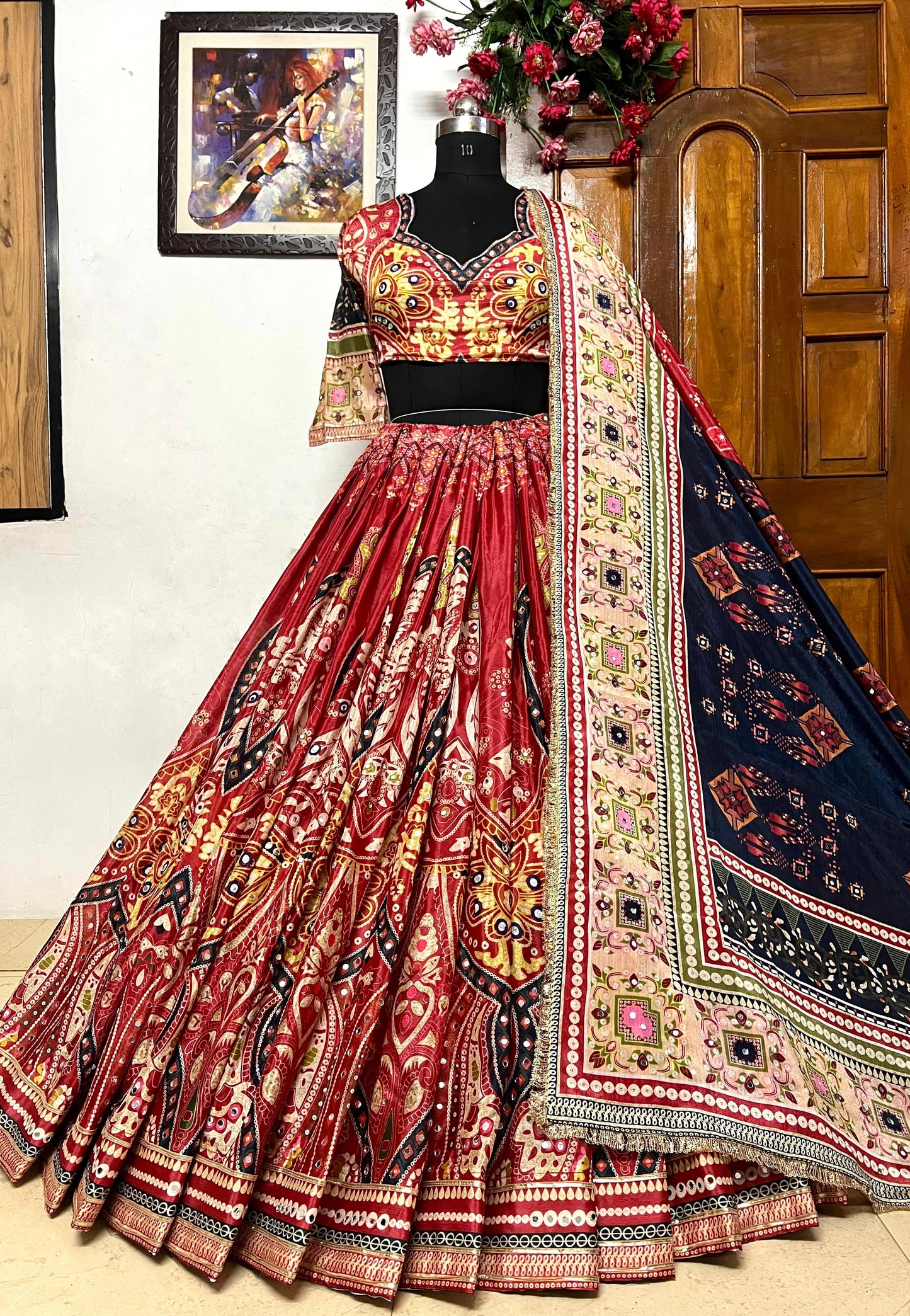 Red print mirror work navratri lehenga chaniya choli
