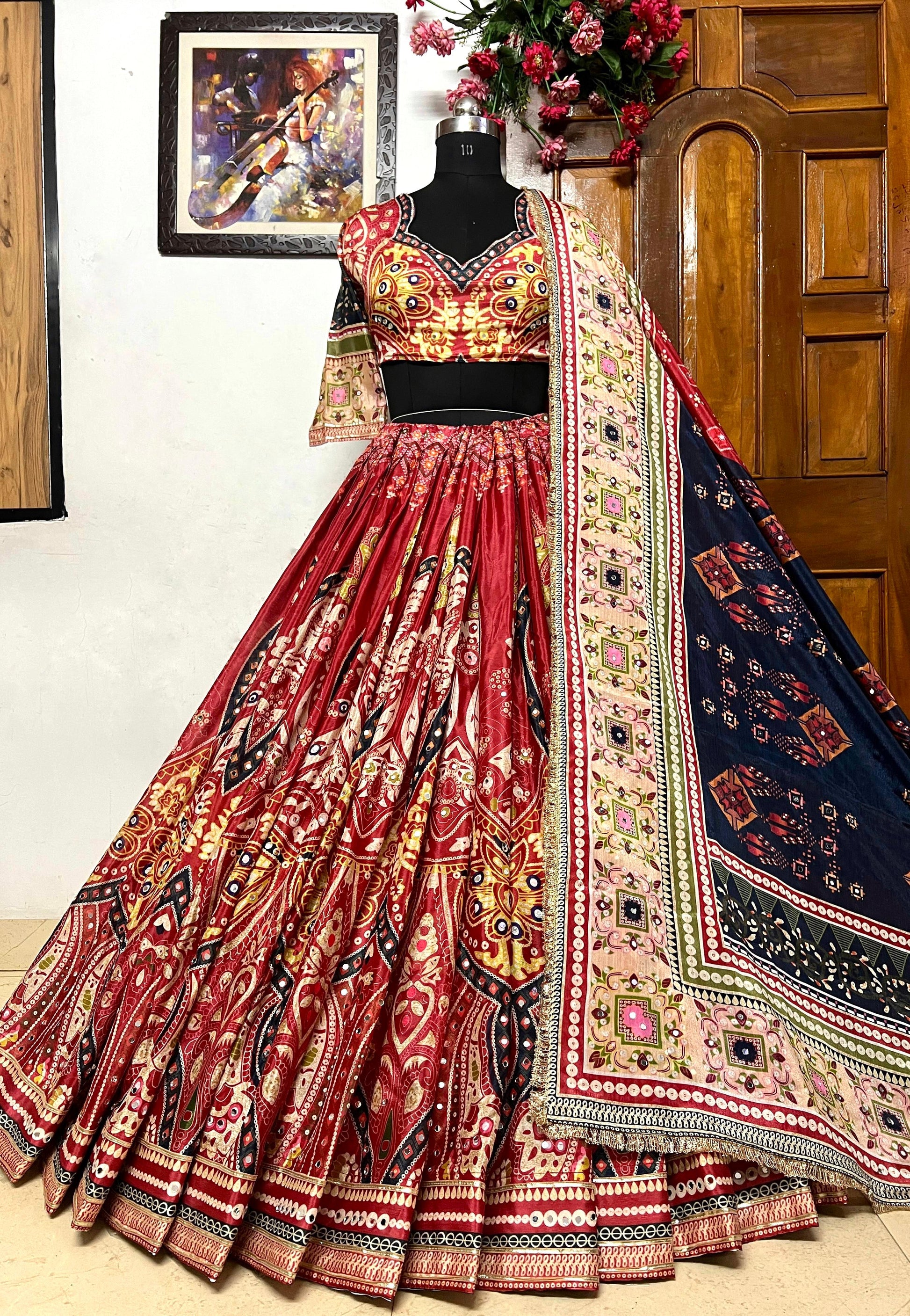 Red print mirror work navratri lehenga chaniya choli