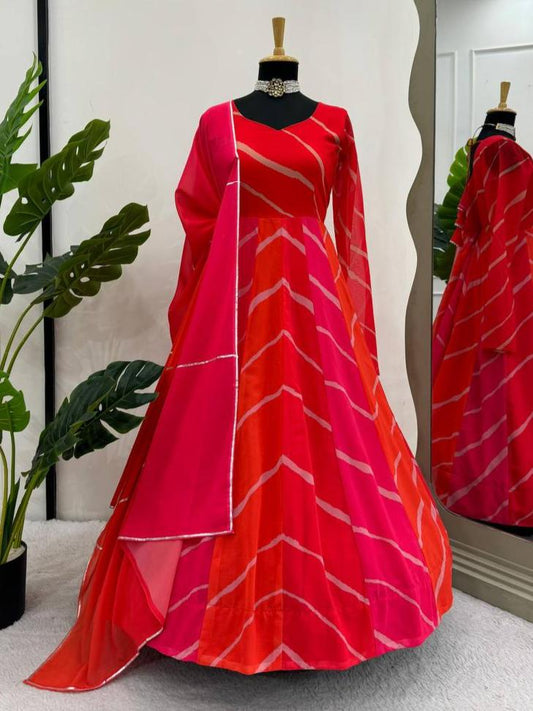 Red printed georgette long designer anarkali suit