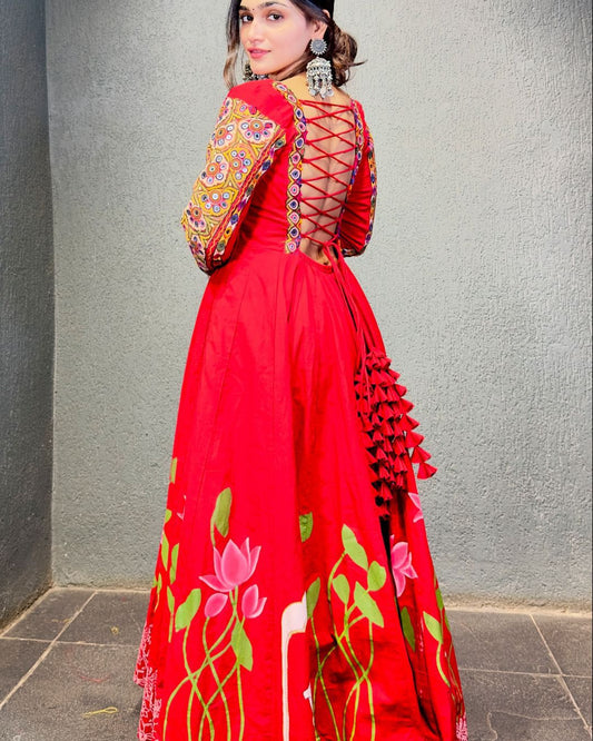 Red rayon designer navratri garba special stylish anarkali suit