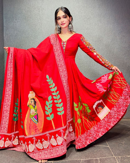 Red rayon designer navratri garba special stylish anarkali suit