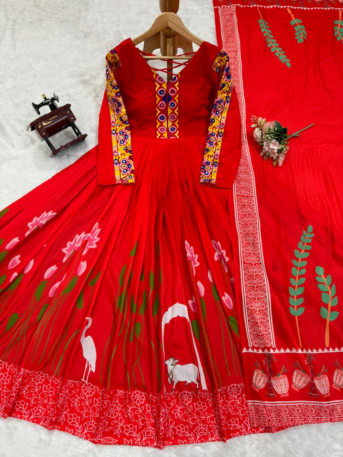 Red rayon designer navratri garba special stylish anarkali suit