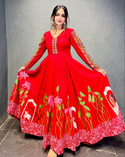 Red rayon designer navratri garba special stylish anarkali suit