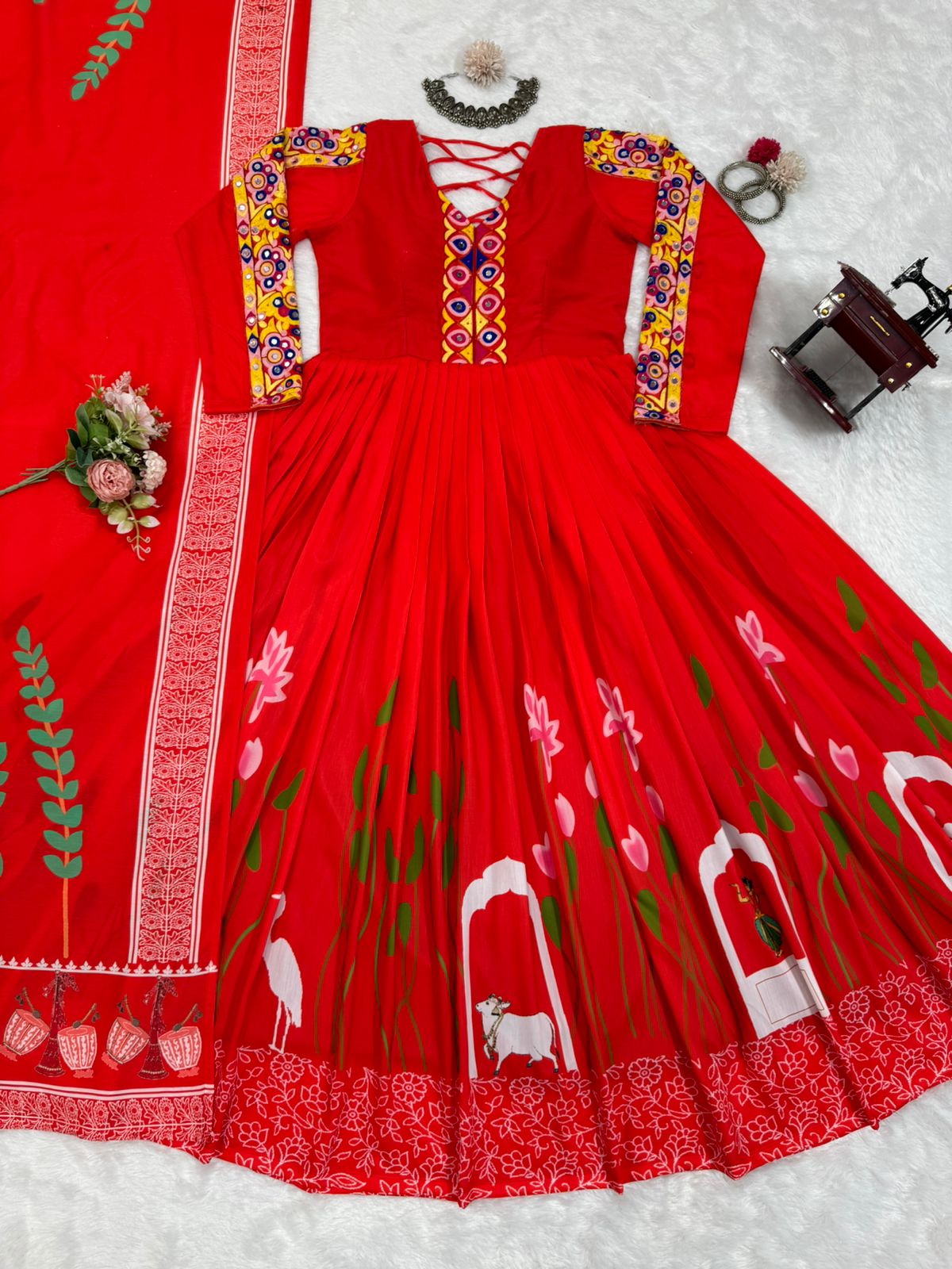 Red rayon designer navratri garba special stylish anarkali suit