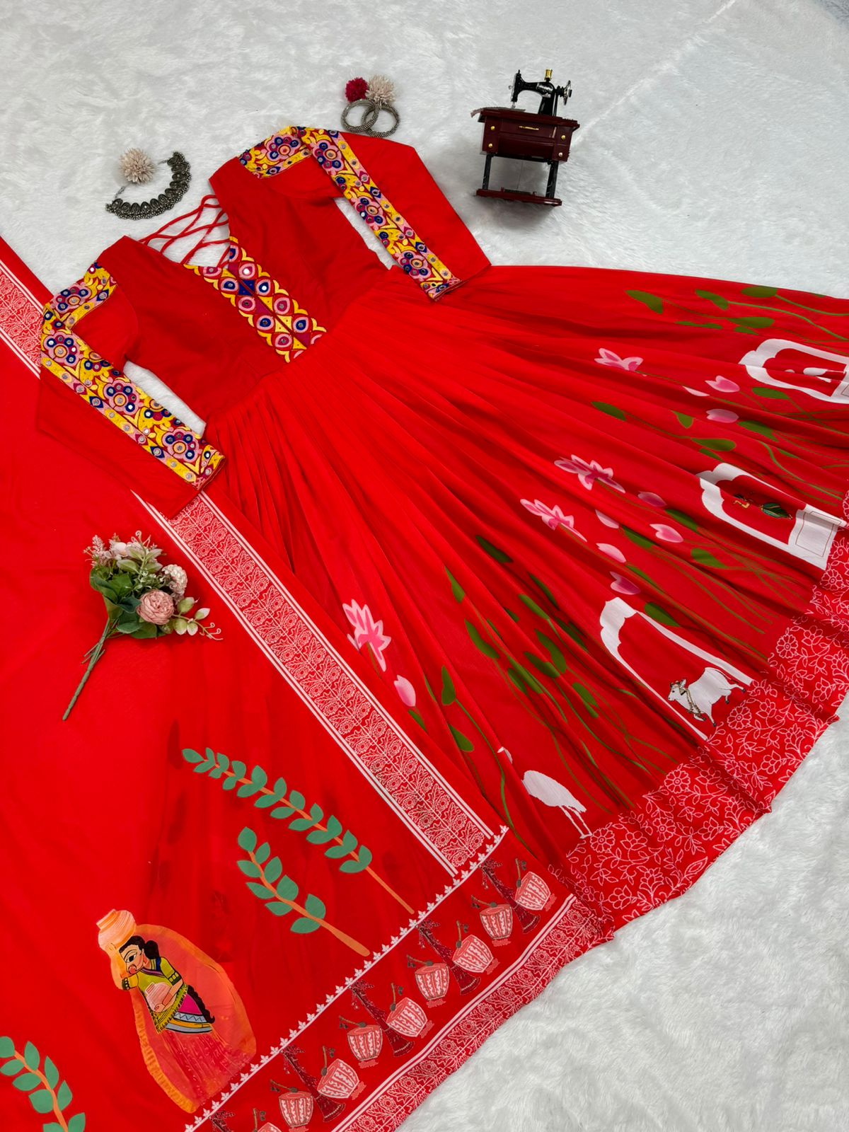Red rayon designer navratri garba special stylish anarkali suit