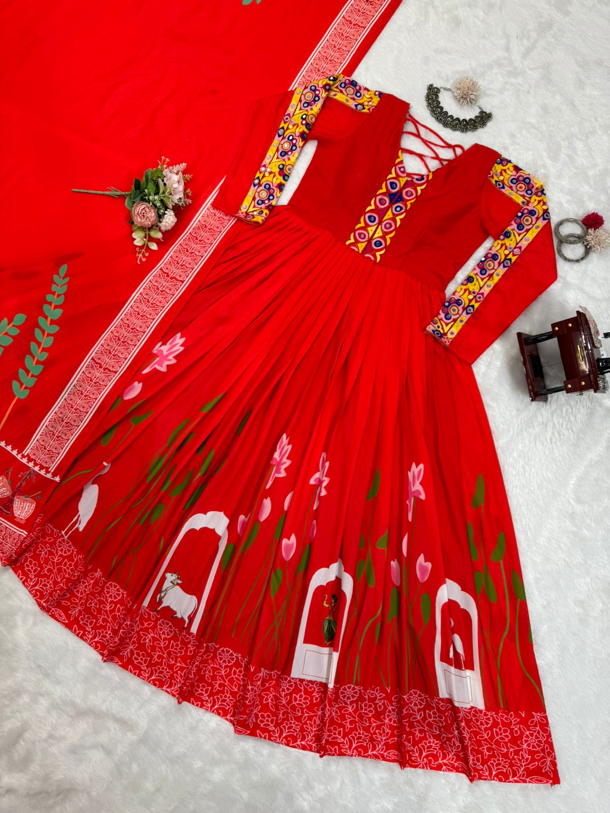 Red rayon designer navratri garba special stylish anarkali suit