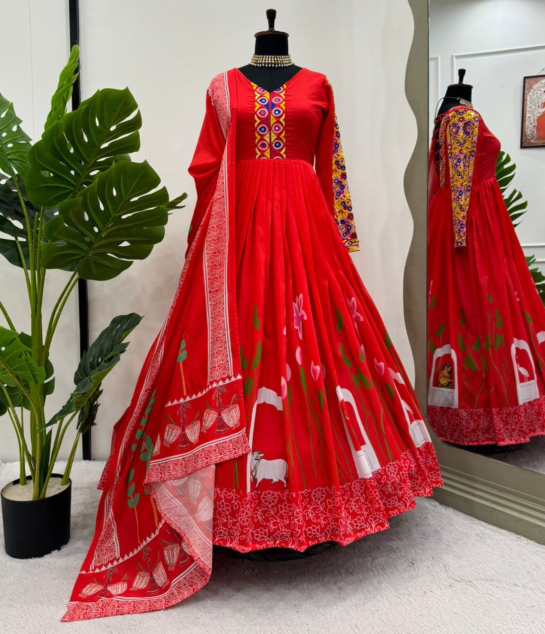 Red rayon designer navratri garba special stylish anarkali suit