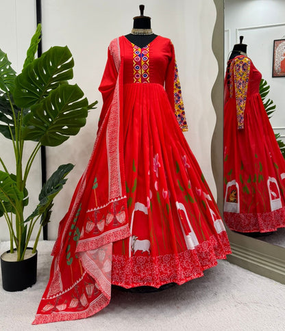Red rayon designer navratri garba special stylish anarkali suit