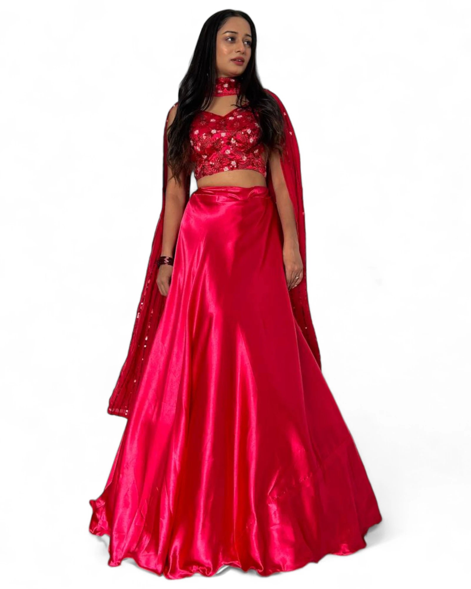 Red satin embroidered party wear lehenga choli