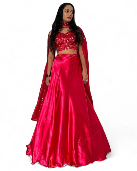 Red satin embroidered party wear lehenga choli