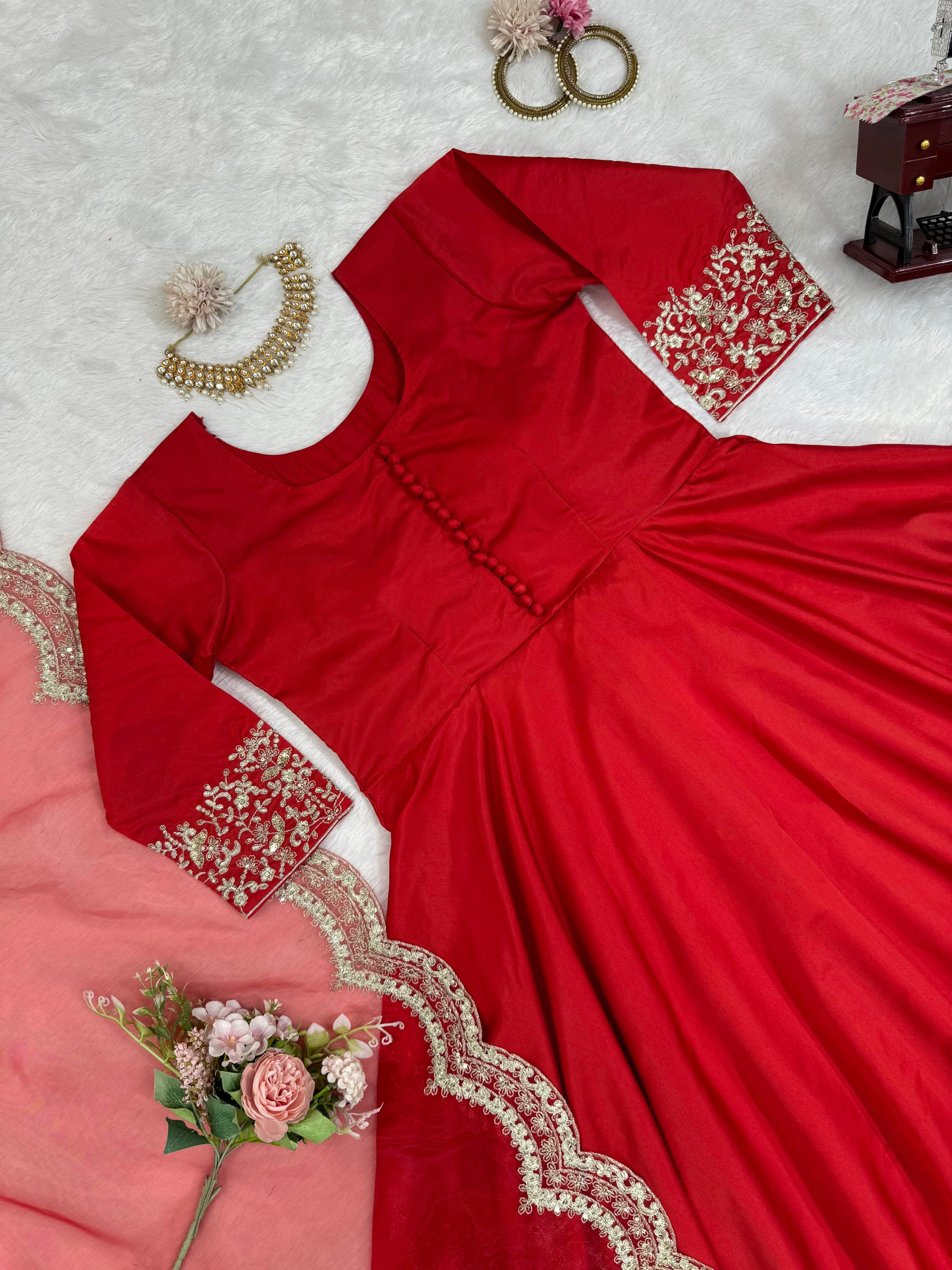 Red tapeta silk designer stylish anarkali suit