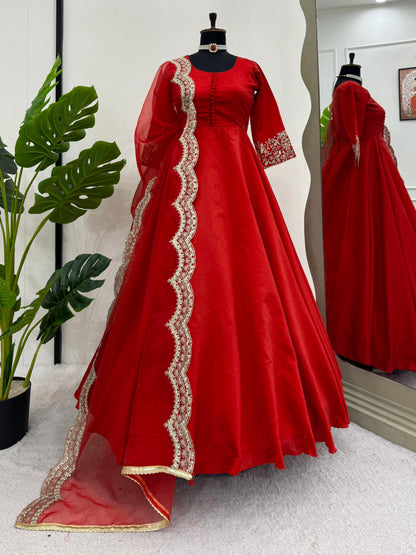 Red tapeta silk designer stylish anarkali suit