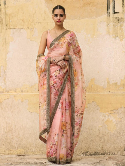 Sea green organza silk floral digital printed ceremonial saree