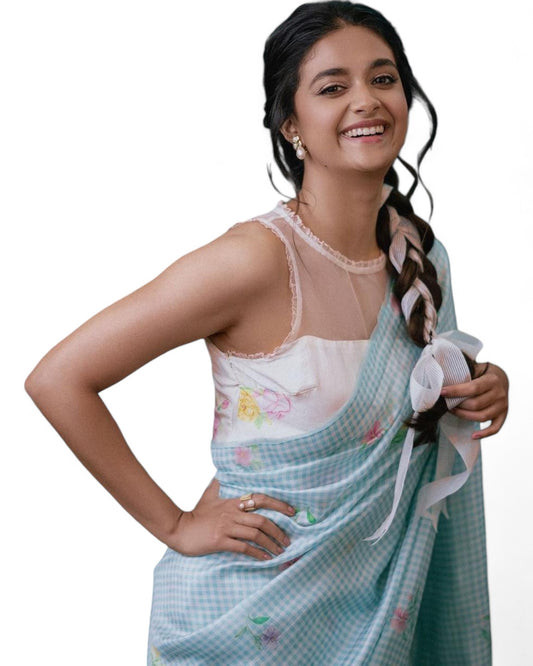 Sea Green Linen Cotton Small Chex Printed Office Wear Stylish Saree