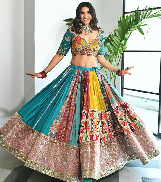 Sea green print mirror work navratri lehenga chaniya choli
