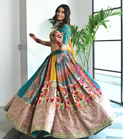 Sea green print mirror work navratri lehenga chaniya choli