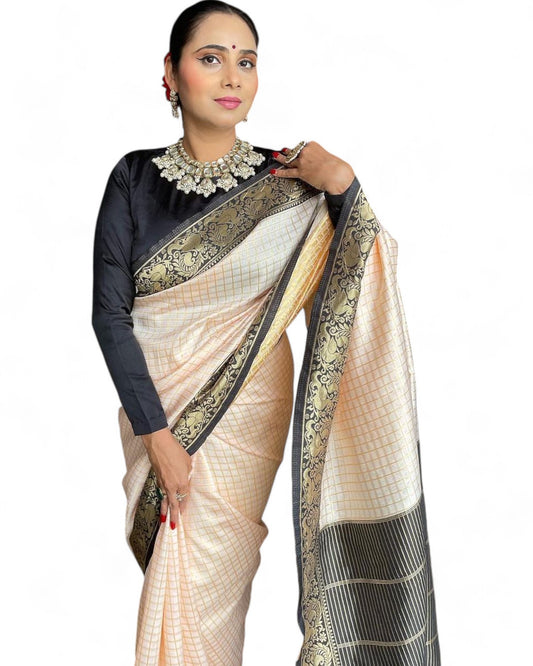 Soft Lichi Silk Saree with Rich Pallu & Jacquard Work Beige Free Size