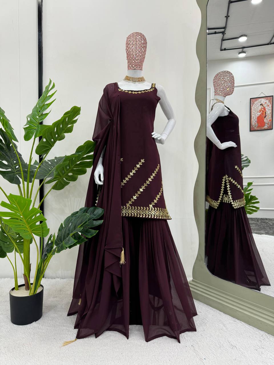 Stylish designer georgette embroidered sharara suit Brown