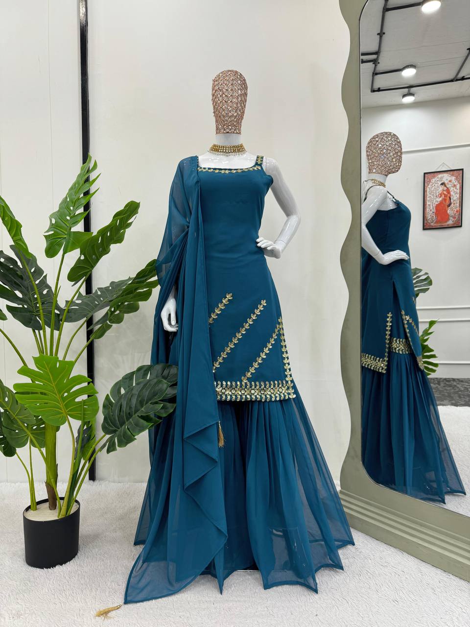 Stylish designer georgette embroidered sharara suit Rama