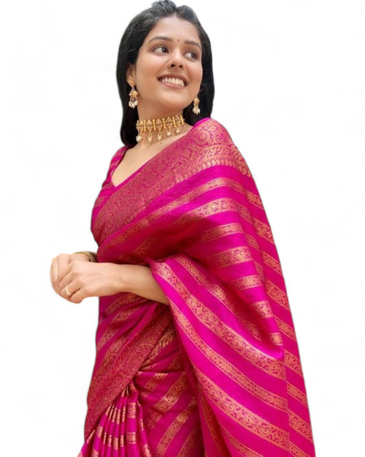 Stylish stripe jacquard work lichi silk rich pallu wedding saree