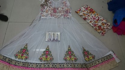 Mahaveer Designer printed and embroidered white lehenga