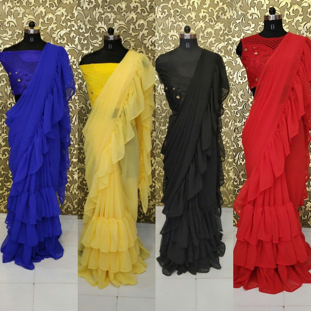 stylist and beautiful georgette silk ruffle partywear saree