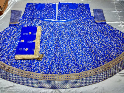 maroon and blue banglori satin designer embroidered bridal lehenga choli