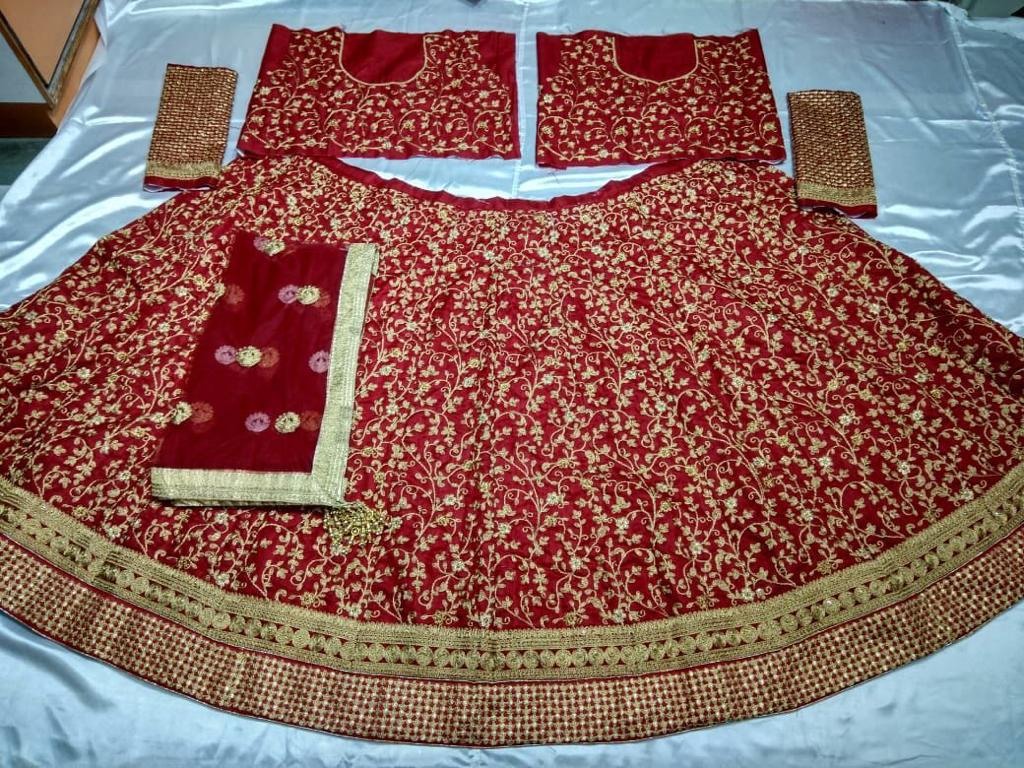 maroon and blue banglori satin designer embroidered bridal lehenga choli