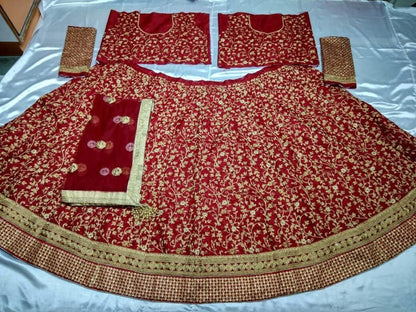 maroon and blue banglori satin designer embroidered bridal lehenga choli