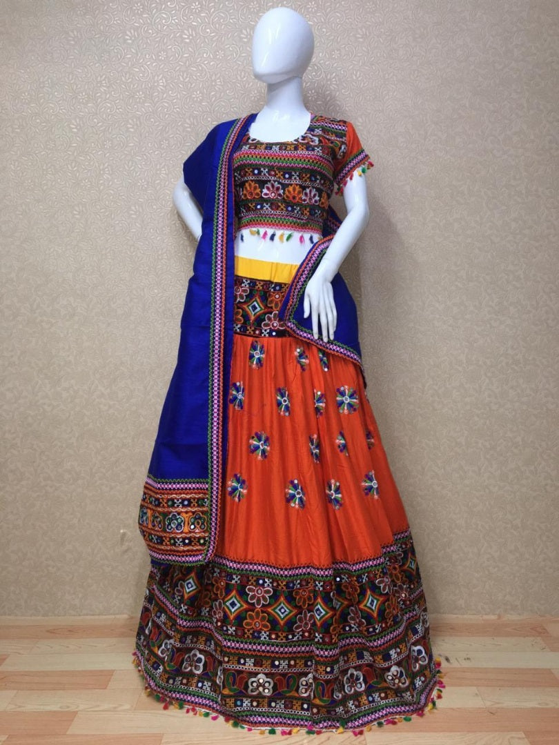 Orange zoya silk multi thread worked navratri special lehenga choli