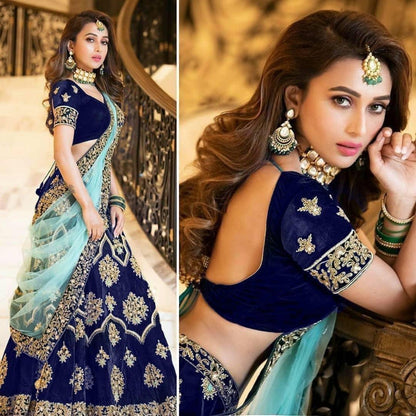 Blue velvet embroidered wedding lehenga choli