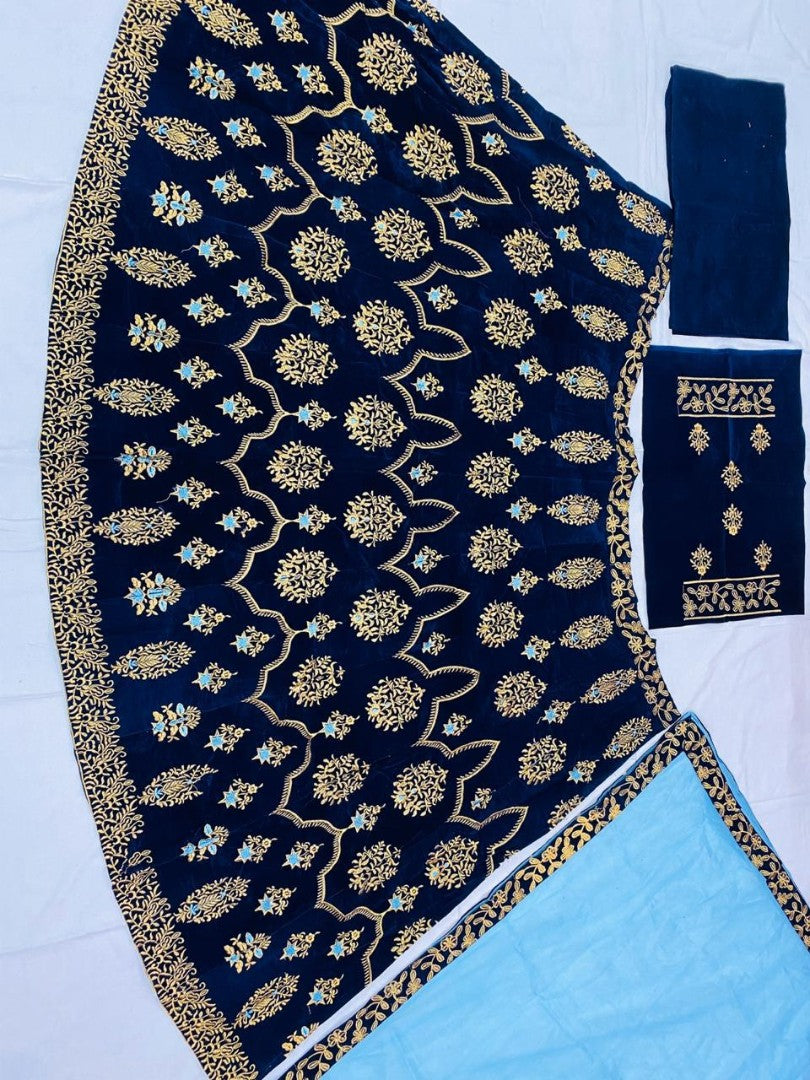 Blue velvet embroidered wedding lehenga choli