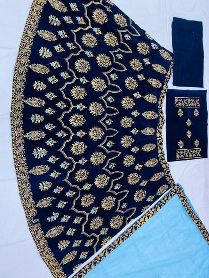 Blue velvet embroidered wedding lehenga choli