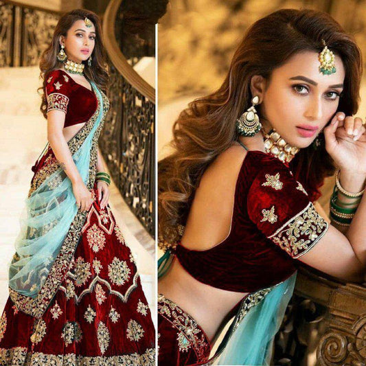 Maroon velvet embroidered wedding lehenga choli