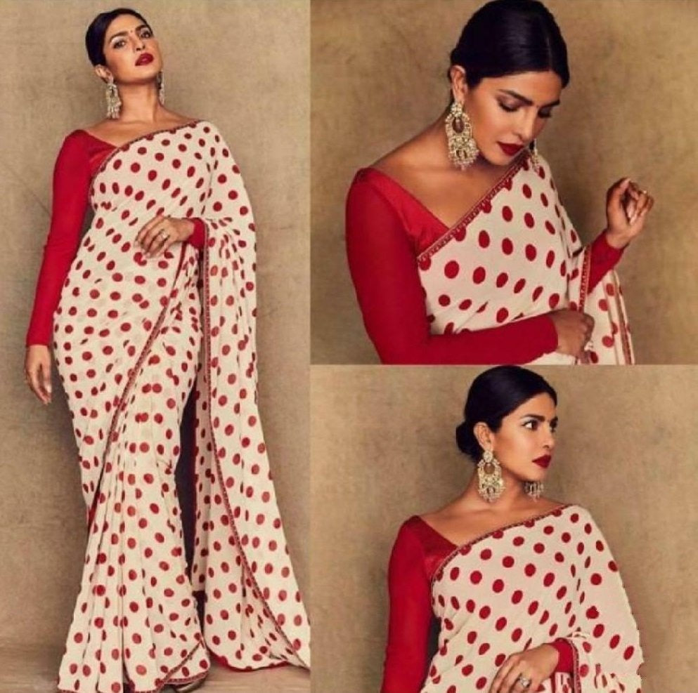White georgette red dot printed casual wear saree